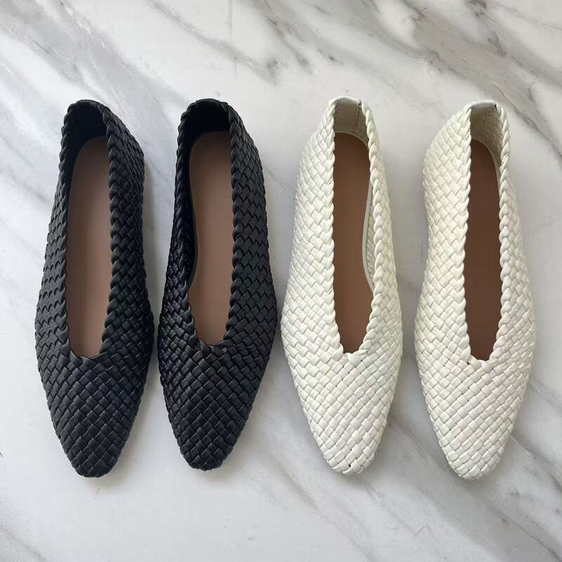 2020 Autumn and Winter New Style Handmade Cowhide Woven Shoes, Breathable, Thick Heel, Square Toe, Shallow Mouth, Soft Surface, Genuine Leather Women's Shoes
