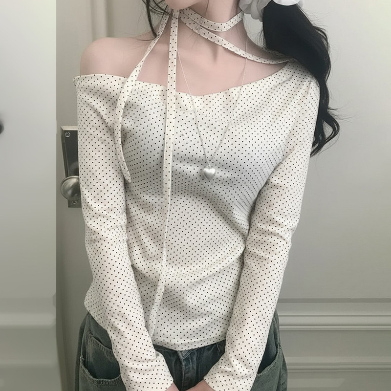 欧美新款女装ins风甜美少女波点露肩修身长袖T恤绑带设计休闲上衣|undefined
