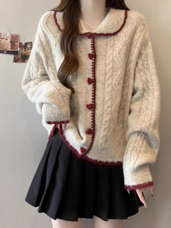 杏色翻领爱心扣子麻花毛衣开衫女秋冬季加厚慵懒风娃娃领针织外套|undefined