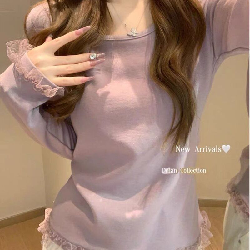Pure Cotton Lace Long-Sleeved T-Shirt for Women 2025 Spring New Style Gentle Style Slimming Look Bottoming Shirt Top for Women Pure Cotton Lace Long-Sleeved T-Shirt for Women 2025 Spring New Style Gentle Style Slimming Look Bottoming Shirt Top for Women