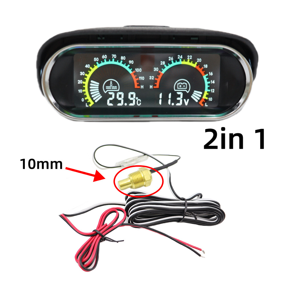 Cross-border best-selling horizontal LCD voltage and water temperature 2-in-1 combination gauge for cars and trucks, 12/24V universal with sensor