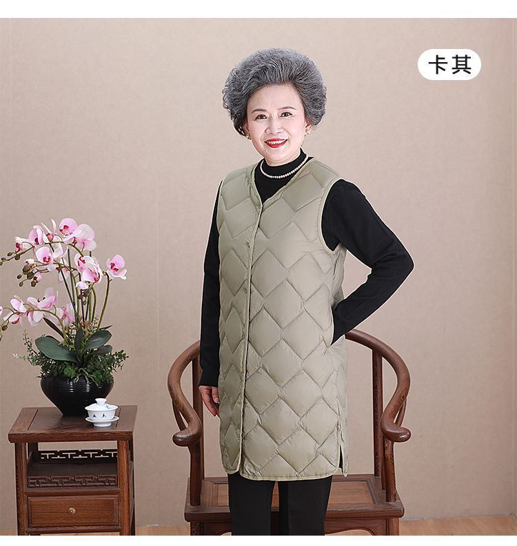 Chaleco de mediana edad y ancianos, ropa de madre, chaqueta de plumón de cuello redondo ligero, forro, chaleco, chaleco cálido de gran tamaño para mujer, chaleco, marea