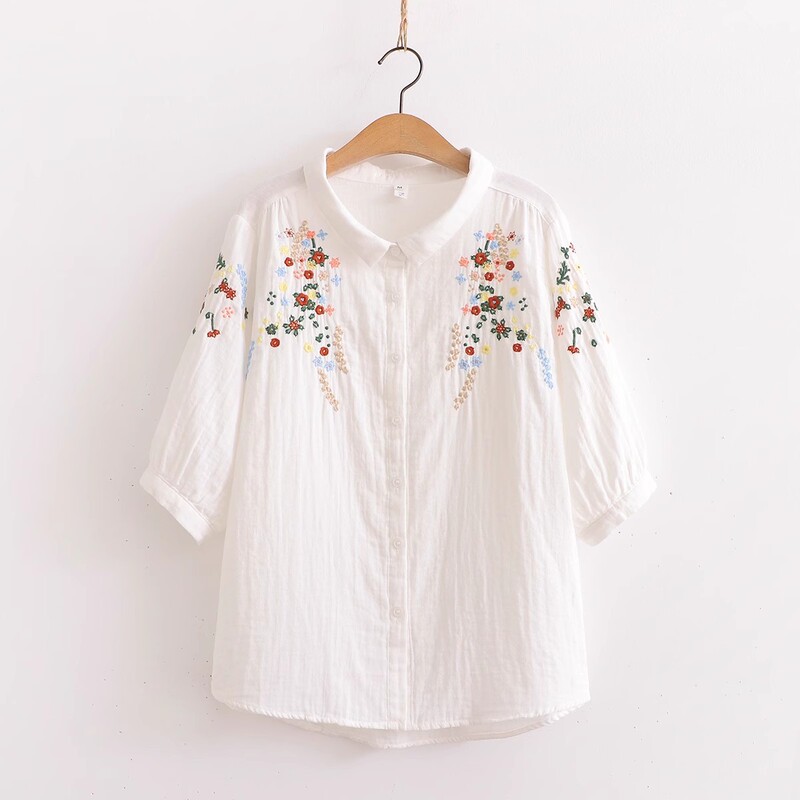 Japanese Style New Three-Quarter Sleeve Double-Layer Gauze Shirt for Women, Loose and Versatile, Embroidered Floral Cotton Soft Half-Sleeve Shirt