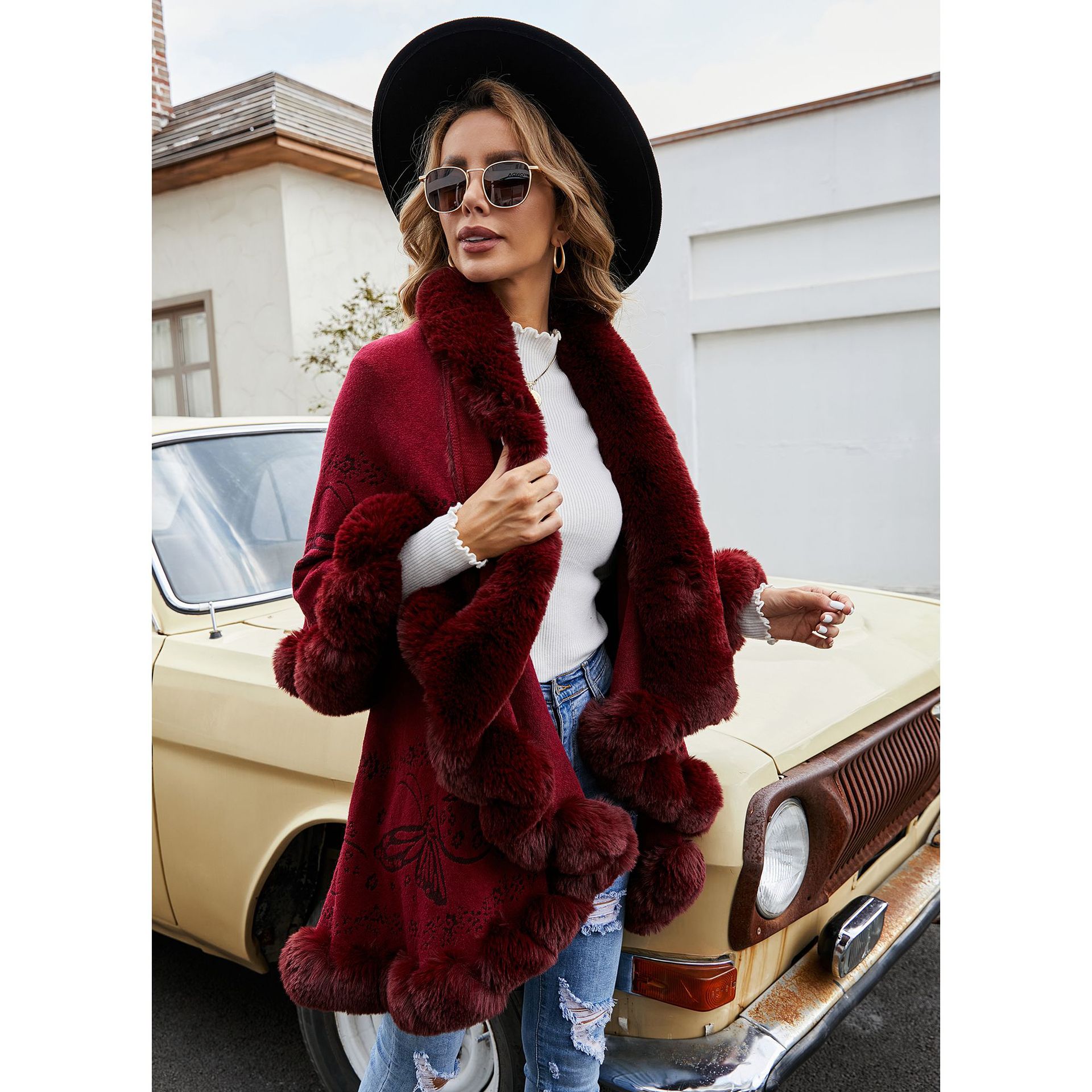 Tiktok transmisión en vivo Otoño e Invierno Nueva suelta Faux Fox Cuello de piel de doble capa chal capa simple moda casual moda