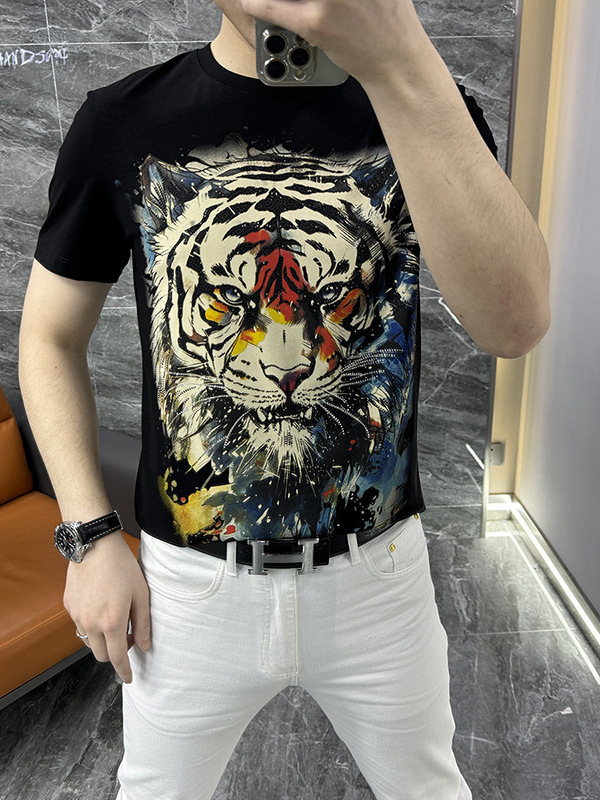 Trendy European-style men's summer short-sleeved crew neck T-shirt with a unique tiger print, stretchy, comfortable, and breathable.