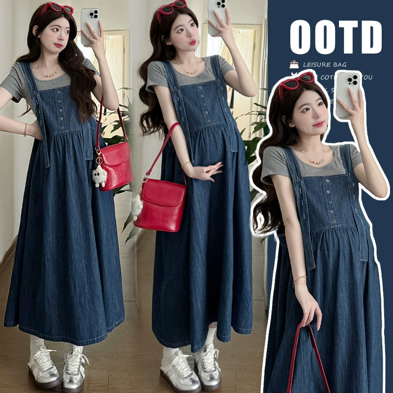 Новая летняя простая футболка с короткими рукавами + тонкая джинсовая юбка на подтяжках средней длины, модный костюм для беременных, закрывающий живот для беременных