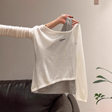 商场撤回～尾货清仓假两件刺绣斜肩露肩长袖女微透修身打底衫上衣