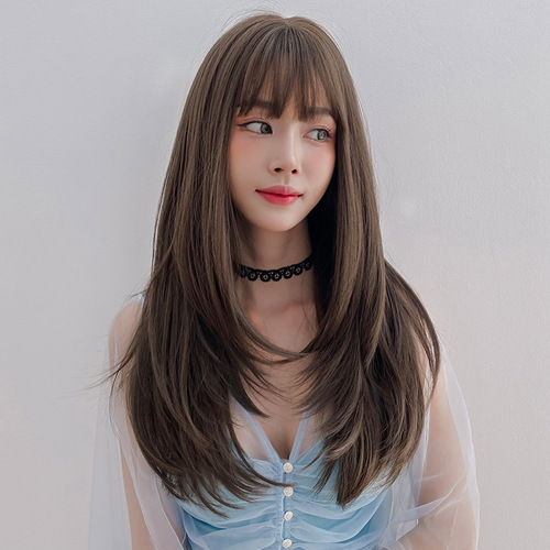 Female straight hair Wig women's long hair long straight hair inner button air bangs full head set