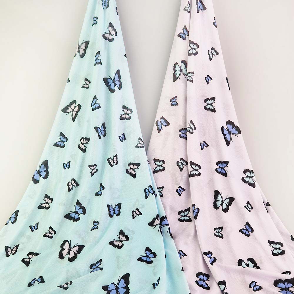 柔软四面弹力针织网布印花布料 春夏蝴蝶印花网布涤氨纶