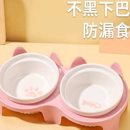 Cat bowl ceramic cat food bowl cat bowl dog bowl food bowl pet oblique mouth protection cervical spine prevent overturning double bowl drinking water