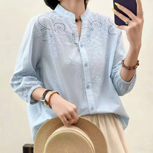 日系森女风镂空刺绣小V领衬衫夏季气质感宽松百搭七分袖上衣