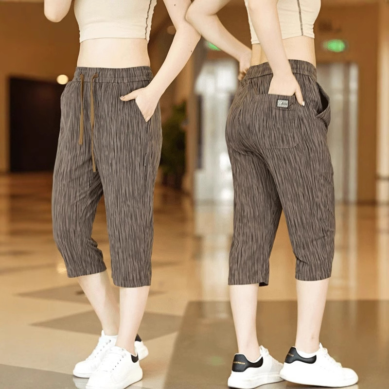 Textured Cropped Pants Summer Thin Striped Casual Pants Men's Korean-style All-match Loose Fashion Ice Silk Breathable Pants