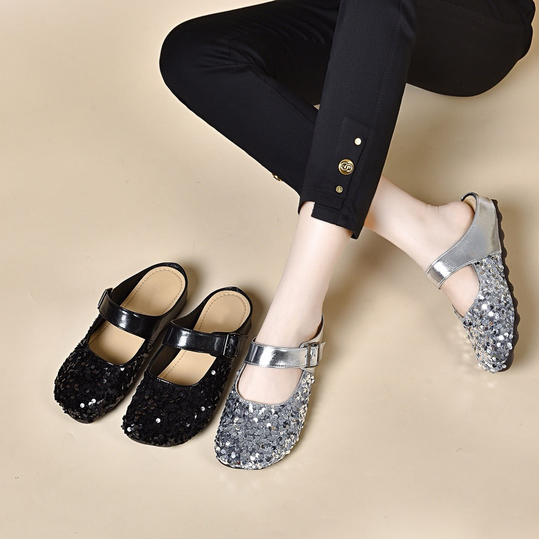 Dép lê bít mũi da thật mũi tròn, gót bằng đính sequin, thời trang mùa hè — Màu đen