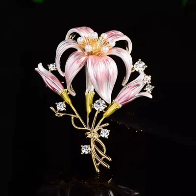 South Korea New Fashion Lily Flower Brooch Women's Niche Design Enamel Corsage Elegant Coat Pin Accessories (Yaxa sancaqları) - pink-lily