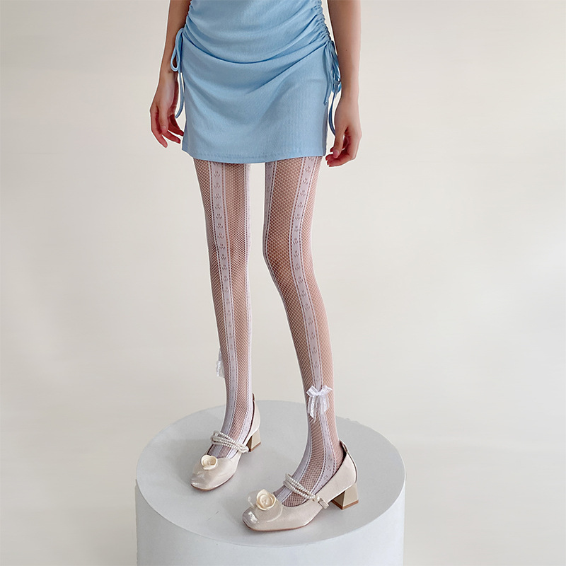 Medias de malla delgadas de verano blanco encaje vertical arco JK Lolita largo dulce encantador red de pesca hueca