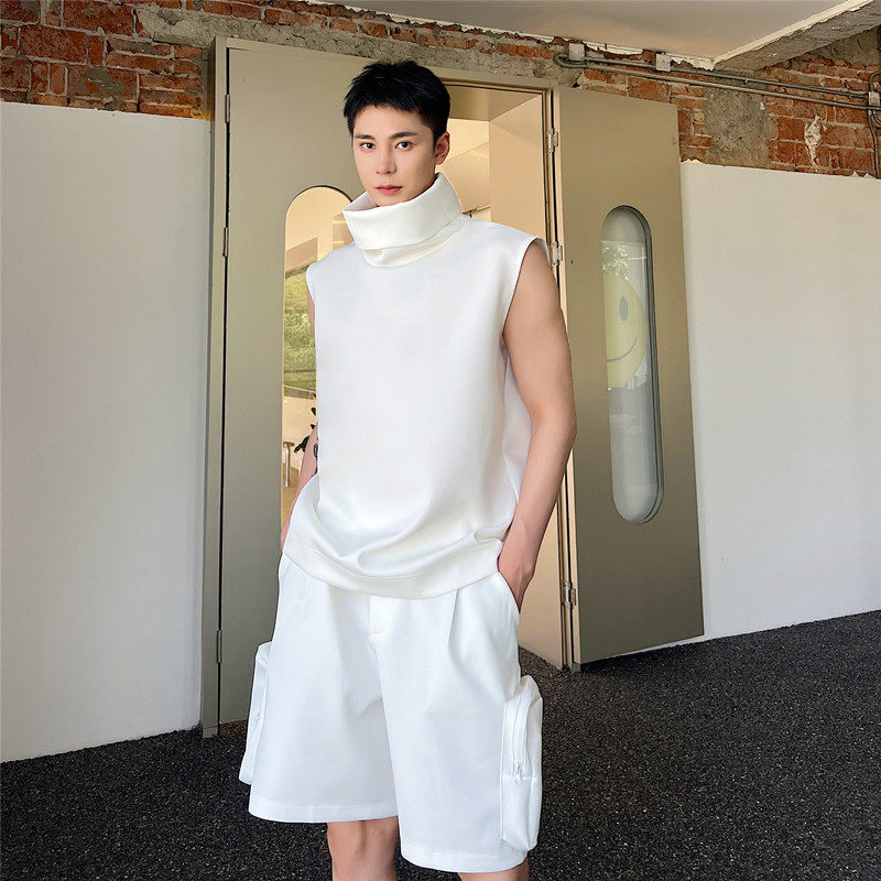 Dark Designer Style Oversized High-Neck Sleeveless T-Shirt for Men, Loose Pullover Top with Stacked Collar