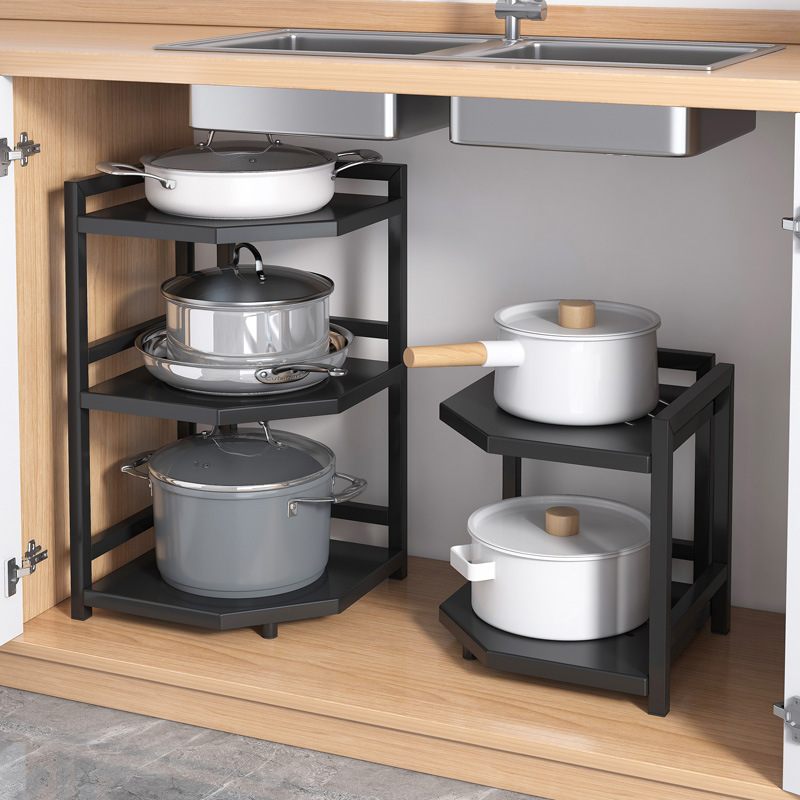 Cocina Esquina estante de almacenamiento de múltiples capas Mesa olla superior de dos capas de almacenamiento rack gabinete fregadero inferior de almacenamiento en capas