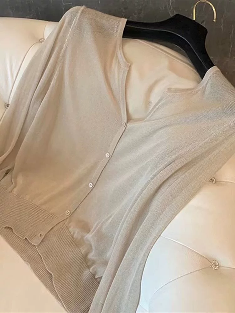 Лето 2025, тонкая солнцезащитная блузка для женщин, универсальная рубашка с v-образным вырезом и юбкой на подтяжках, шаль из ледяного шелка.