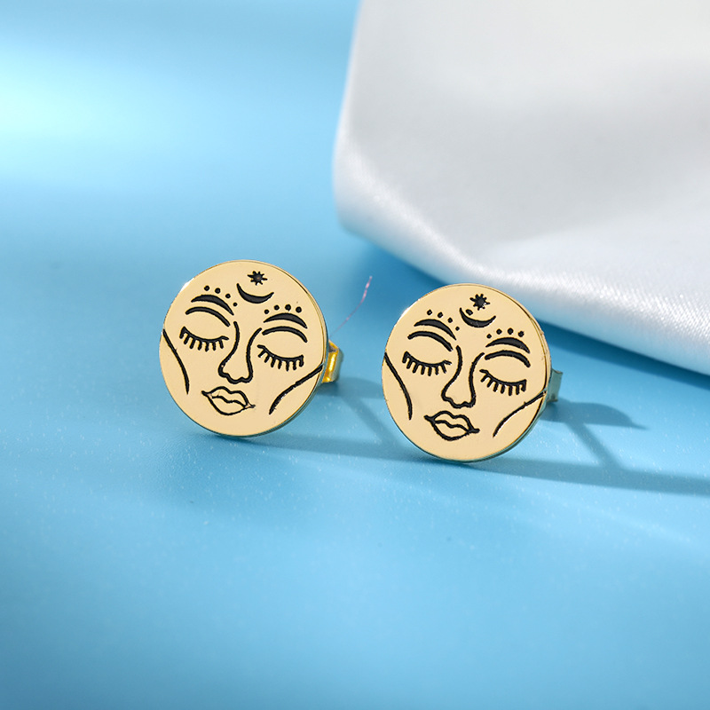 New Sun Face Earrings Oval Corrosion Smearing 18k Gold-plated Copper Earrings Female display picture 1