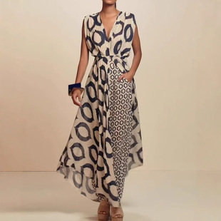 2024 European and American Foreign Trade Women's Elegant Elegant Printed Sleeveless V-Neck Lace-Up Top Slim-Fit Pants suit