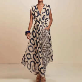 2024欧美外贸女装气质优雅印花无袖v领系带上衣+修身长裤套装