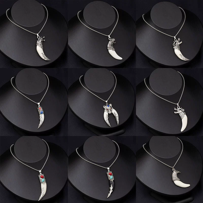 Ожерелье из нержавеющей стали в стиле ретро в этническом стиле с имитацией волчьего зуба для мужчин, модная и властная личность, длинные аксессуары с головой волка и головой тигра оптом