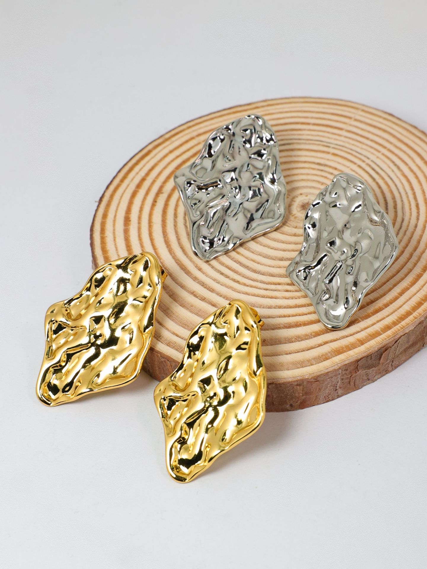 Personalised Lava Texture Stud Earrings In Stainless Steel Gold_voghion.com