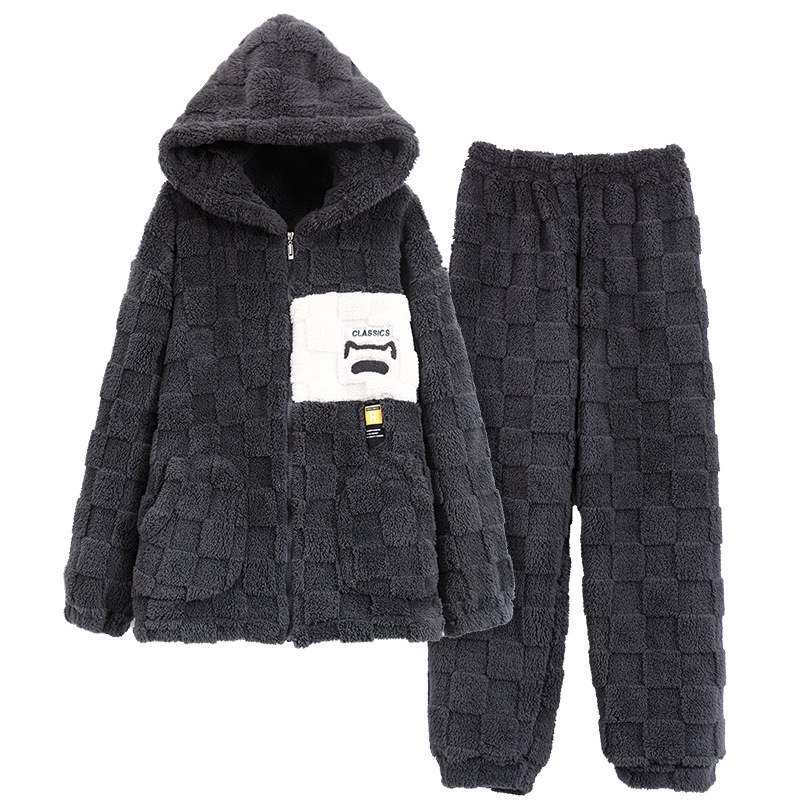 Pijamas Otoño e Invierno de los hombres de lana de coral forrado de lana gruesa caliente con capucha franela suelta más tamaño homewear traje