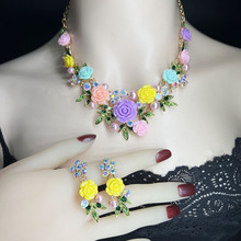 搪瓷满钻山茶花项链耳环套装宫廷轻奢礼服小众设计珍珠锁骨链配饰