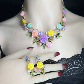 搪瓷满钻山茶花项链耳环套装宫廷轻奢礼服小众设计珍珠锁骨链配饰