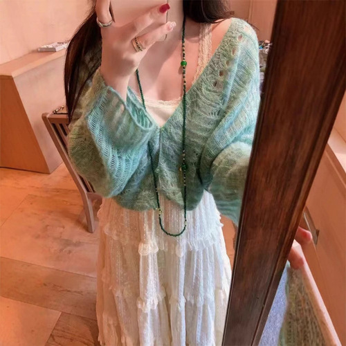 YUNSHU Korean gentle style sunscreen knitted cardigan for women 2025 spring and summer temperament slim hollow mohair top