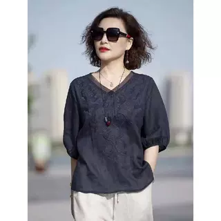 纯色棉麻中袖衬衣女2026夏季款V领重工刺绣休闲百搭薄款棉麻衬衫