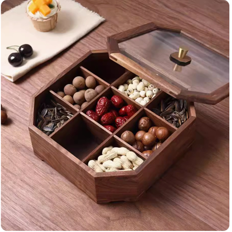 Madera de nogal negro caja de tuerca octogonal rejilla de madera maciza con cubierta de vidrio dulce caja de frutas secas Placa de semillas de melón de fruta China