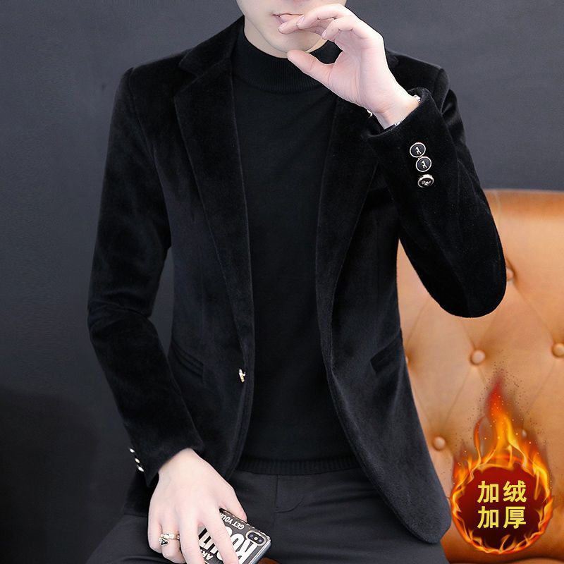 冬季新款防水貂绒毛呢西装男韩版修身加绒加厚青年潮流休闲小西服