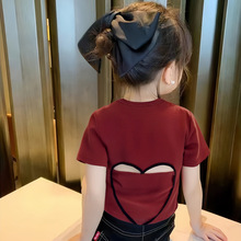 女童夏季高腰短款T恤后背爱心镂空高弹棉短袖薄款洋气潮流短袖