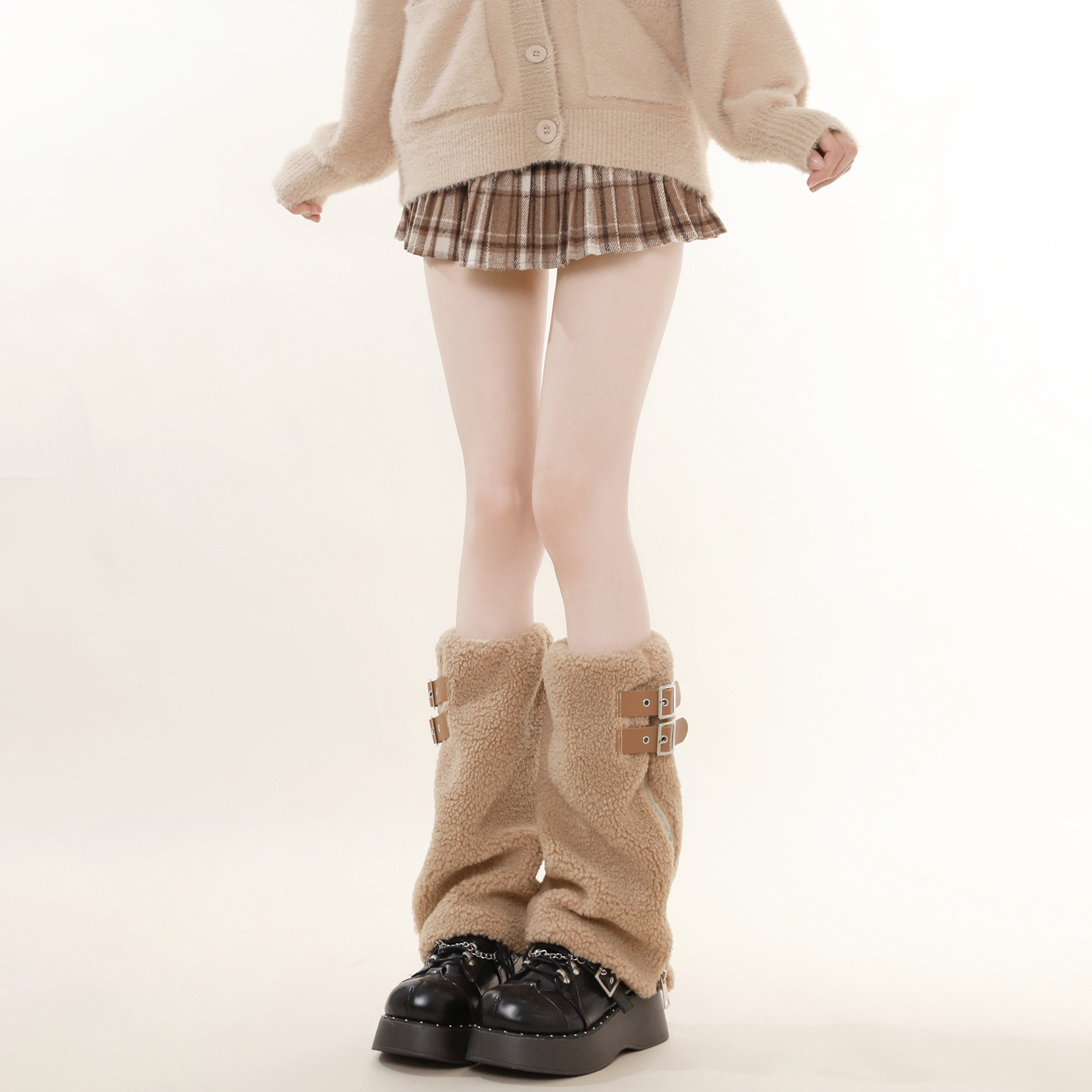 Scaldamuscoli fatti in casa per autunno e inverno, nuovi calzini beige e velluto ispessiti, cintura in lana d'agnello, caldi calzini in pile di vitello_voghion.com