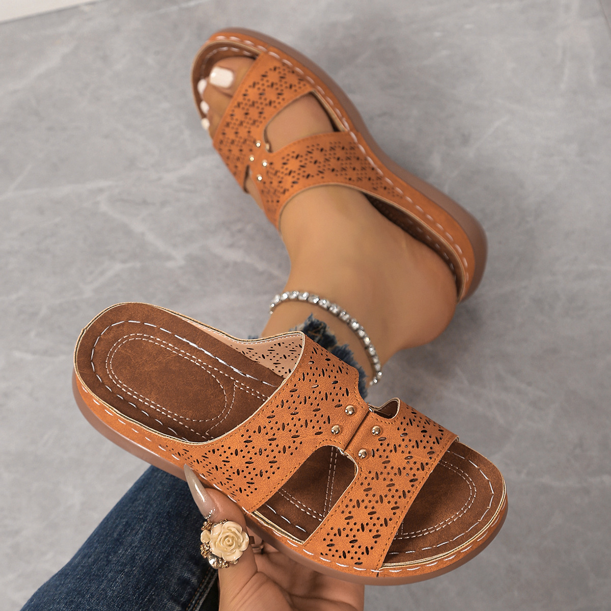 Sandalias de cuña wish amazon para mujer 2025 verano nuevo estilo comercio exterior gran tamaño casual una palabra sandalias romanas huecas