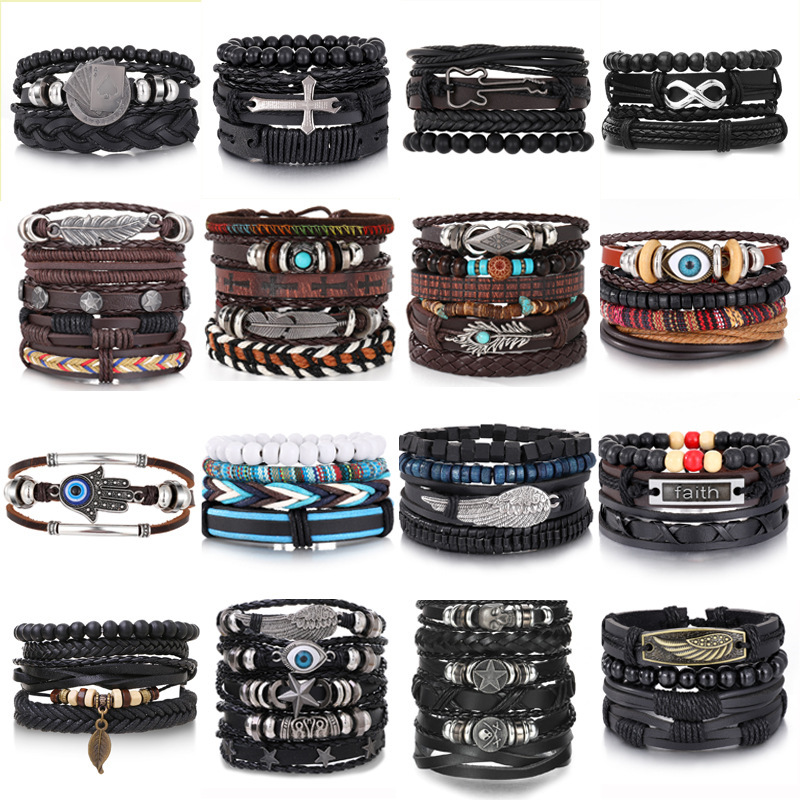 European and American Cross-Border Popular Leather Hand-Woven Bracelets for Men, Hip-Hop Punk Retro Multi-Layered Set of Hand Accessories Wholesale European and American Cross-Border Popular Leather Hand-Woven Bracelets for Men, Hip-Hop Punk Retro Multi-Layered Set of Hand Accessories Wholesale