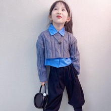 女童套装秋冬装2022新款蓝色衬衣毛衣两件套韩范时髦哈伦裤两件套