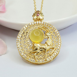 Xinyu Natural Amber Pendant Beeswax Fawn Round Brand Necklace National Style Jewelry Wholesale HP3111809