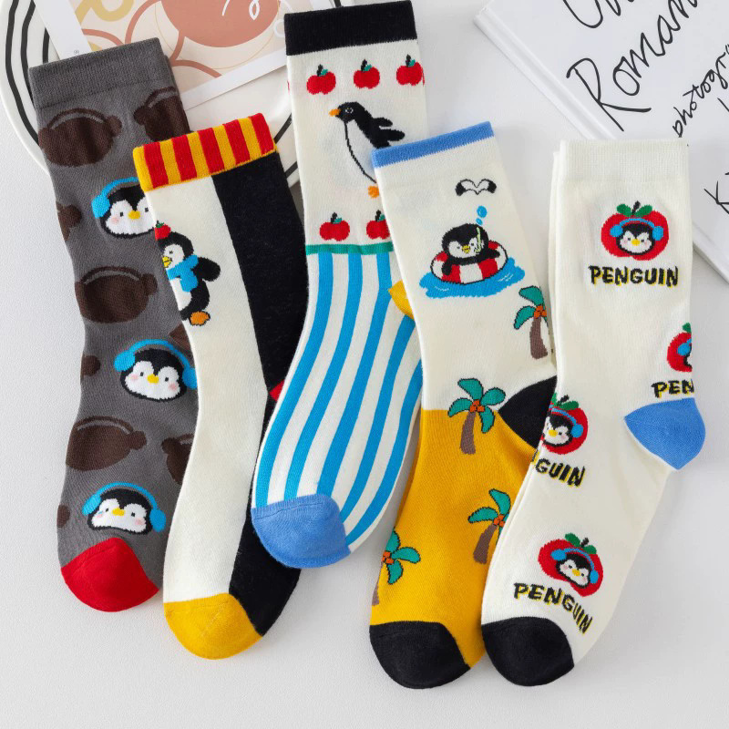 Cross-border product: Cartoon socks for women, Amazon mid-calf socks, featuring cute little penguins, available in multiple colors, breathable, and made of cotton Cross-border product: Cartoon socks for women, Amazon mid-calf socks, featuring cute little penguins, available in multiple colors, breathable, and made of cotton
