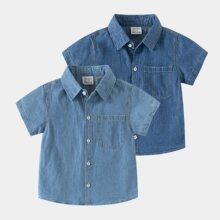 男童牛仔短袖衬衫纯色夏季2024新款童装儿童宝宝休闲纯棉衬衣薄款