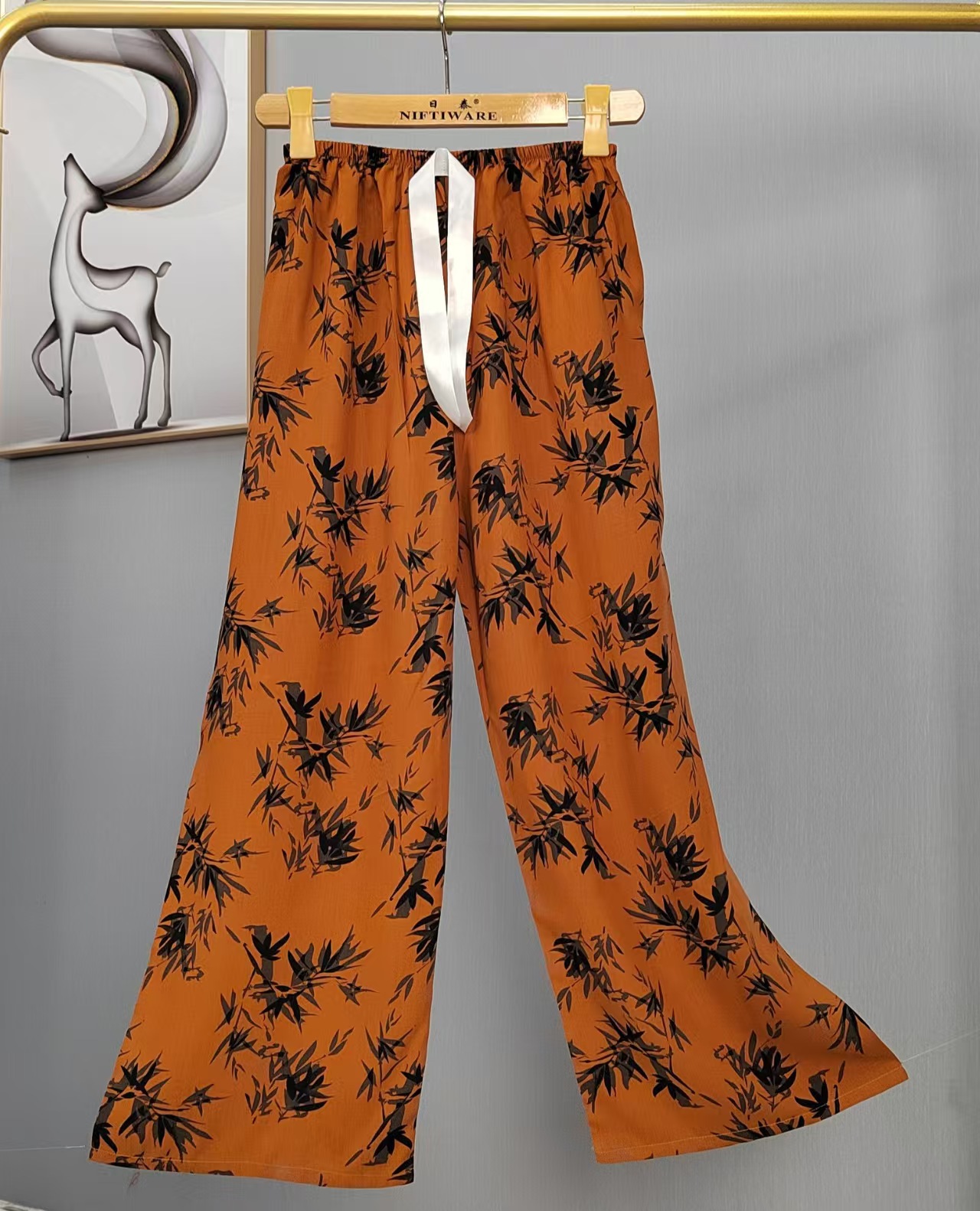 Pijama de seda de algodón para mujer, pantalones anchos de mujer embarazada de seda de algodón con estampado fino de verano