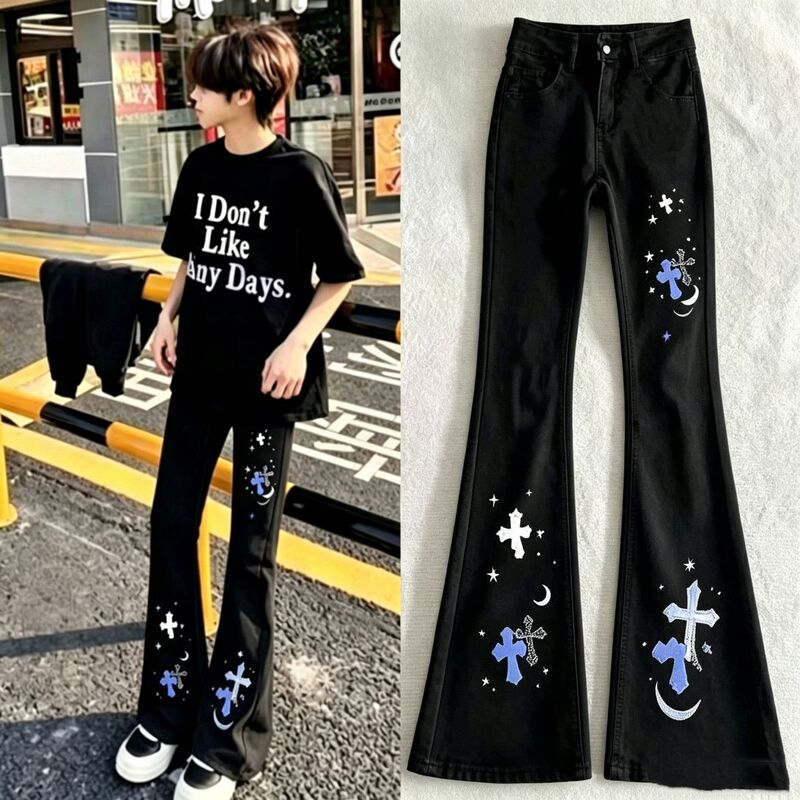 American High Street Style Cross Print Cleanfit Trendy Brand Printed Jeans for Men and Women New Fashion Flared Pants American High Street Style Cross Print Cleanfit Trendy Brand Printed Jeans for Men and Women New Fashion Flared Pants