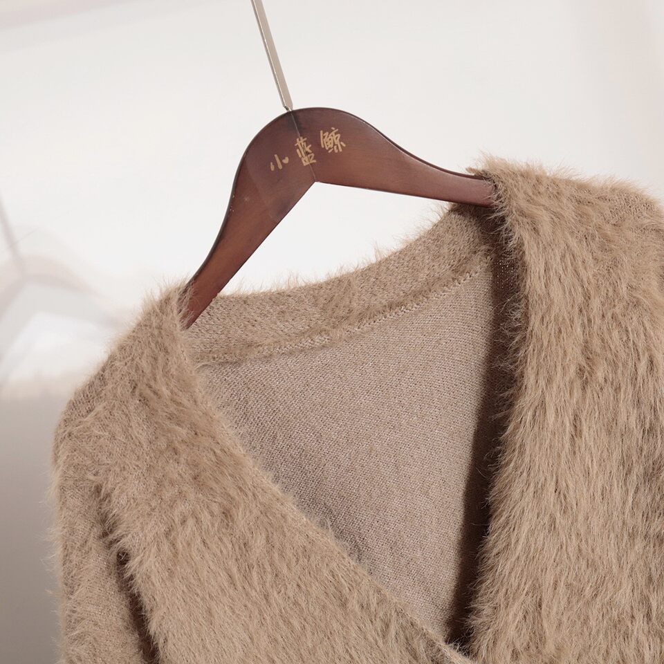 Áo cardigan len dệt kim giả lông chồn cổ V tay dài form rộng nữ — Màu hồng, Màu kaki, Màu trắng, Màu xám nhạt chi tiết 49
