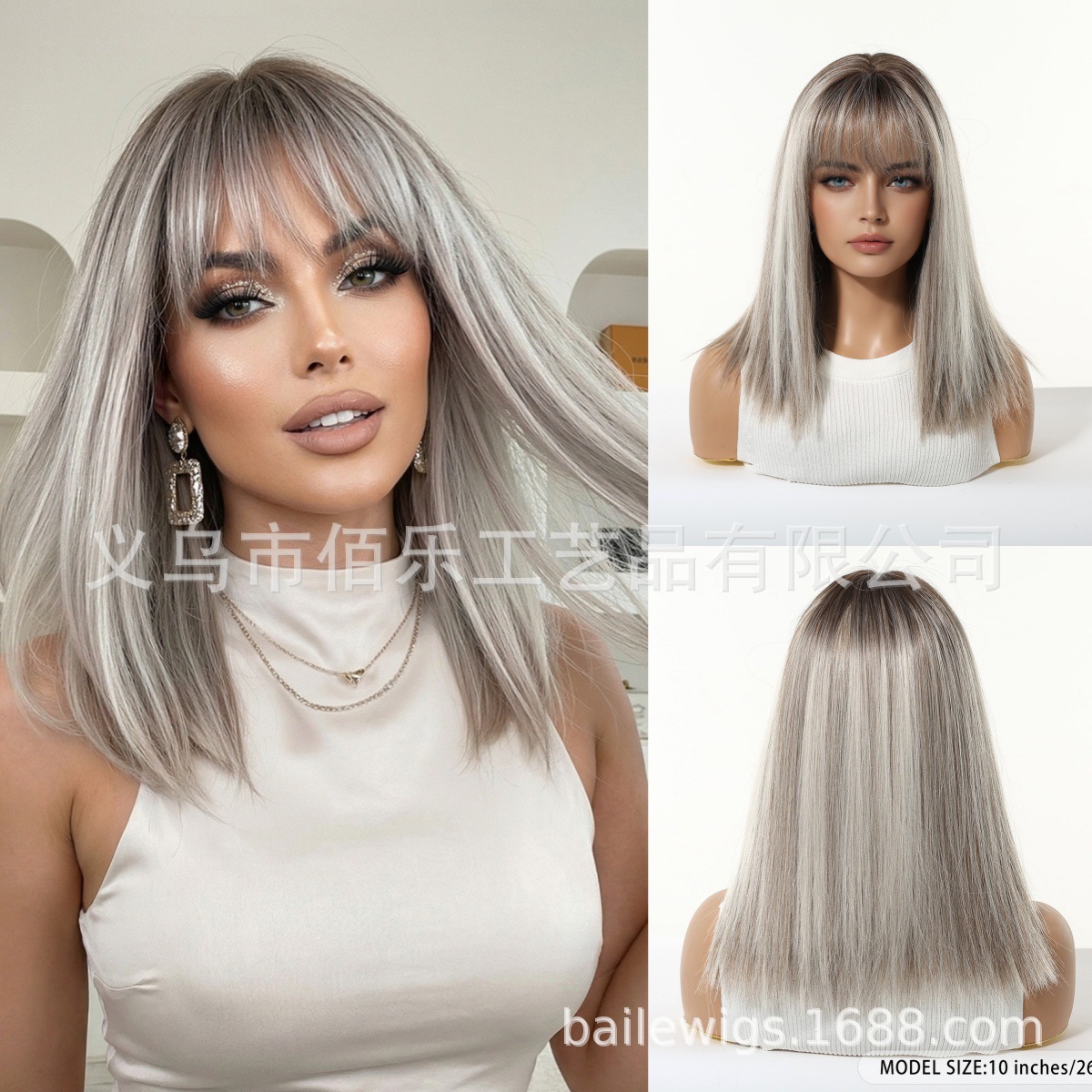 gris plateado hombro cabello recto pelucas con aire franja natural esponjosa cubierta de cabello de 14 pulgadas pelucas image 7
