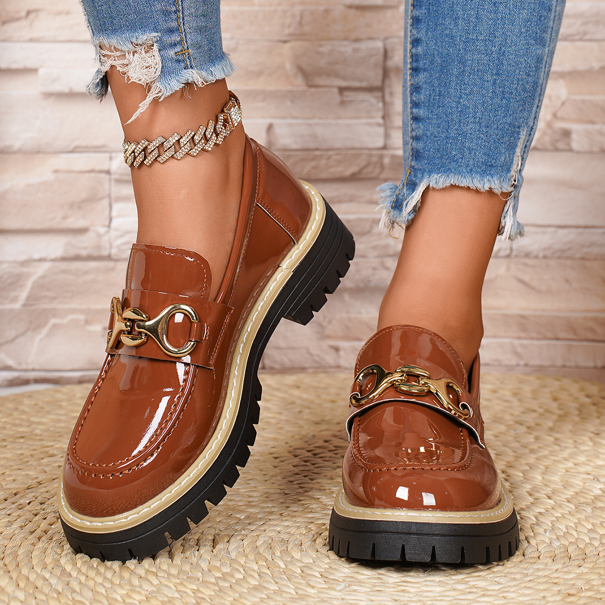 Retro Metal Chain Platform Low Top Shoes For Women British Style Leather Plus Size_voghion.com
