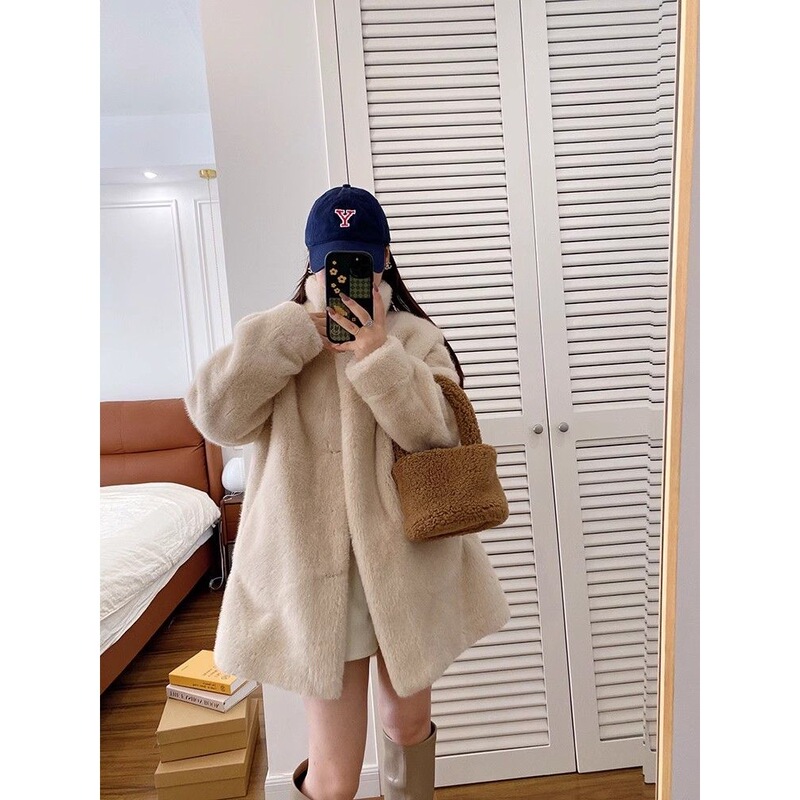 Melard Velvet Mink Fur Coat, Fur Integrated Stand-Up Collar, Mid-Length Eco-Friendly Fur Women's Winter Coat, Whole Leather