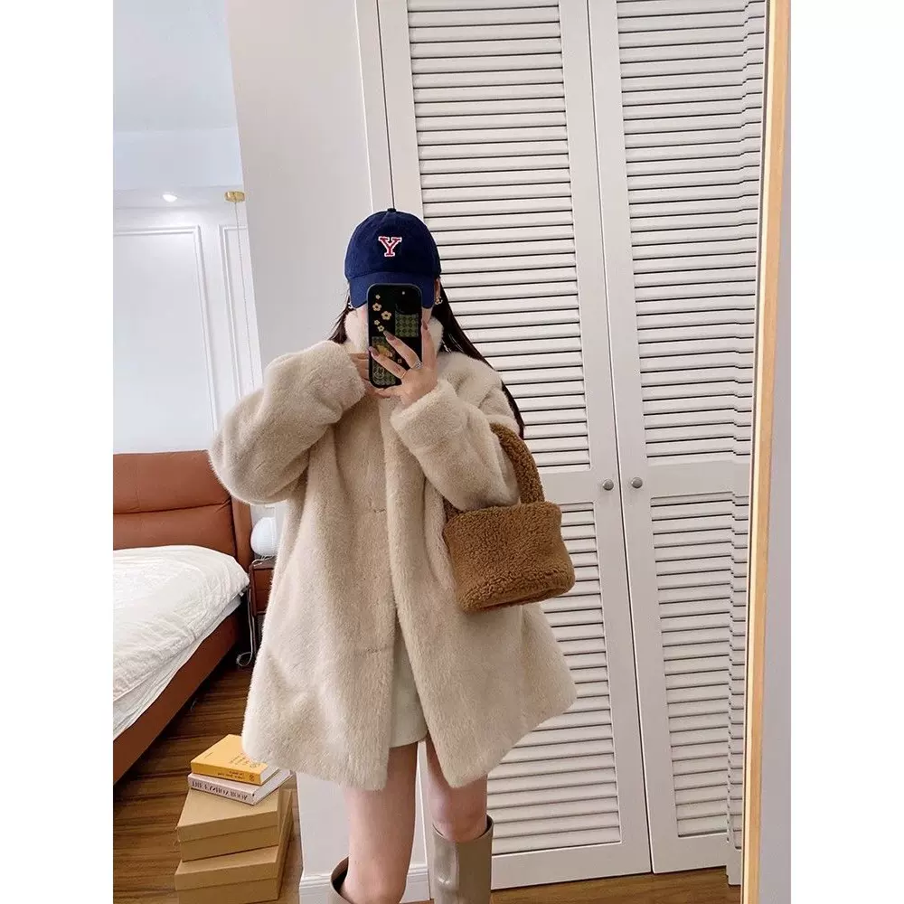 美拉德天鹅绒貂皮大衣皮毛一体立领中长款环保皮草女冬毛毛外套