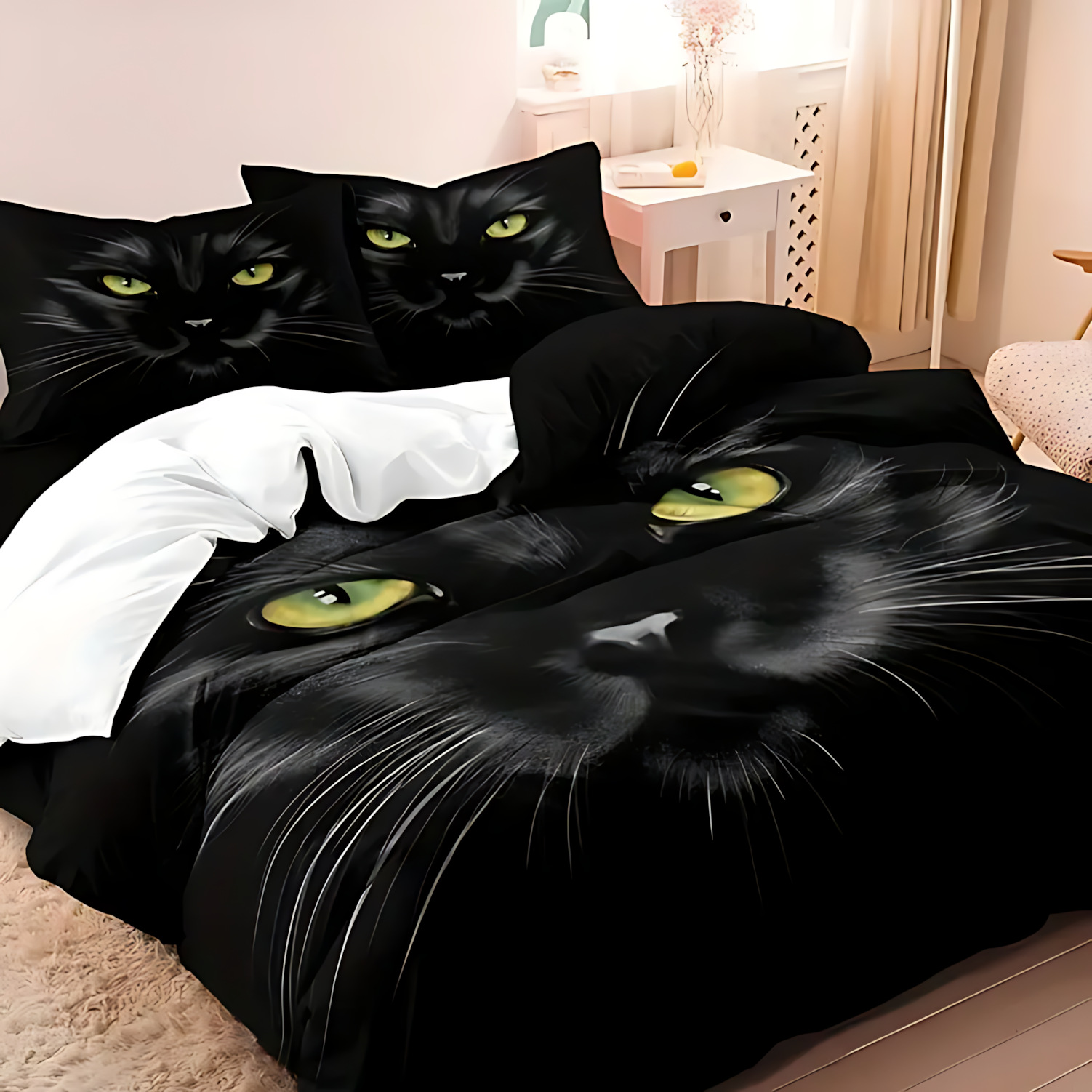TEMU / JIT transfronterizo gato negro animal impresión digital 3D suave colcha de cama set fuente fabricante